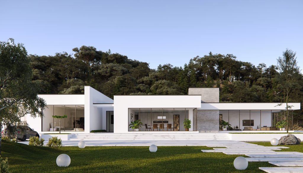 Modern minimalist villa exterior with swimming pool and landscaped garden in daylight, Minimal Villa California visualisation by A-R Studio