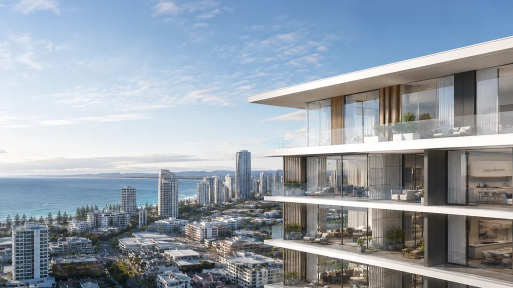 Aerial view of a luxury coastal residential tower with curved balconies overlooking the ocean, architectural visualisation by A-R Studio