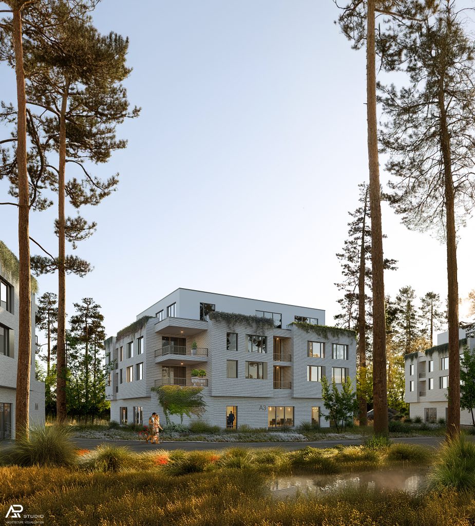 Modern white residential building exterior surrounded by trees in daylight, architectural visualisation by A-R Studio