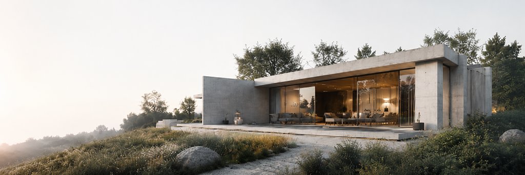 Photorealistic 3D rendering of a modern brutalist concrete villa with large glass panels in nature at sunset, designed by A-R Studio.