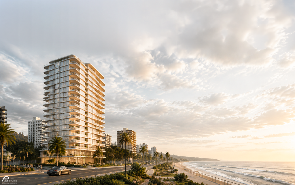 Photorealistic luxury coastal apartment building overlooking the Pacific Ocean in Burleigh Heads, Gold Coast, Australia with curved balconies, premium glass façades and soft golden daylight