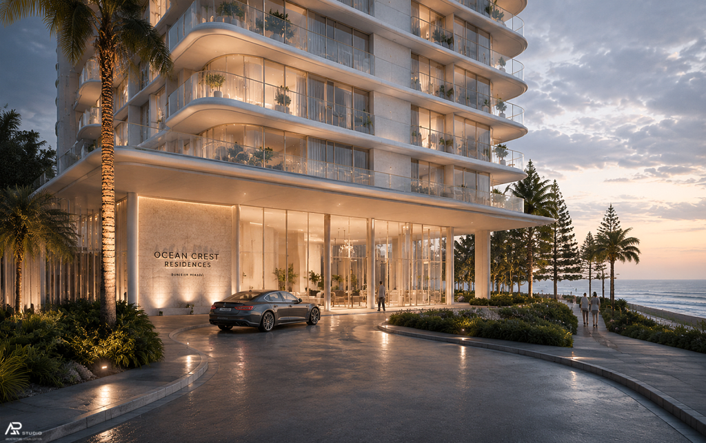 Photorealistic luxury coastal apartment building overlooking the Pacific Ocean in Burleigh Heads, Gold Coast, Australia with curved balconies, premium glass façades and soft golden daylight
